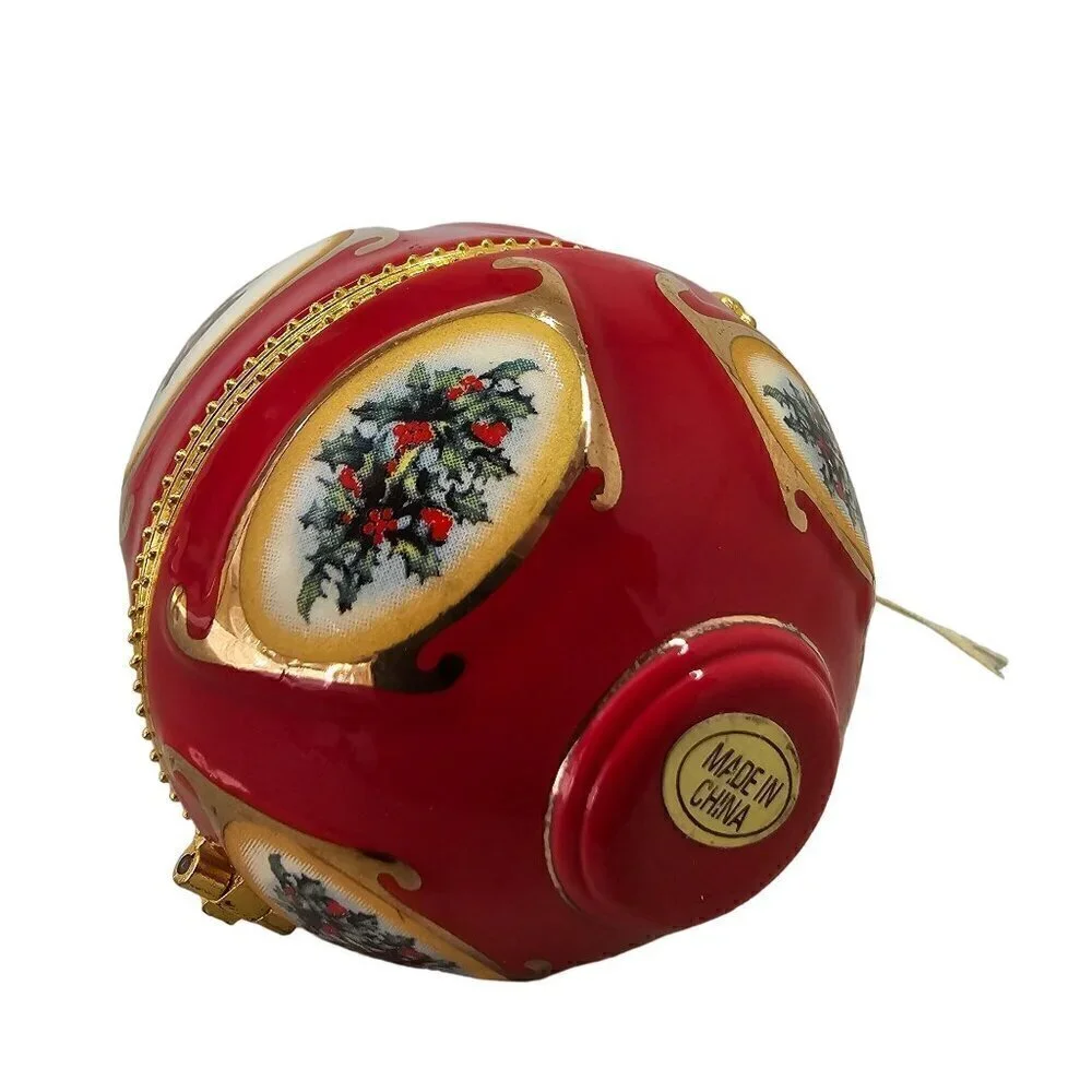 Mr Christmas Red Christmas Gift Box Ceramic Egg Shaped Ornament Gold Latch VTG